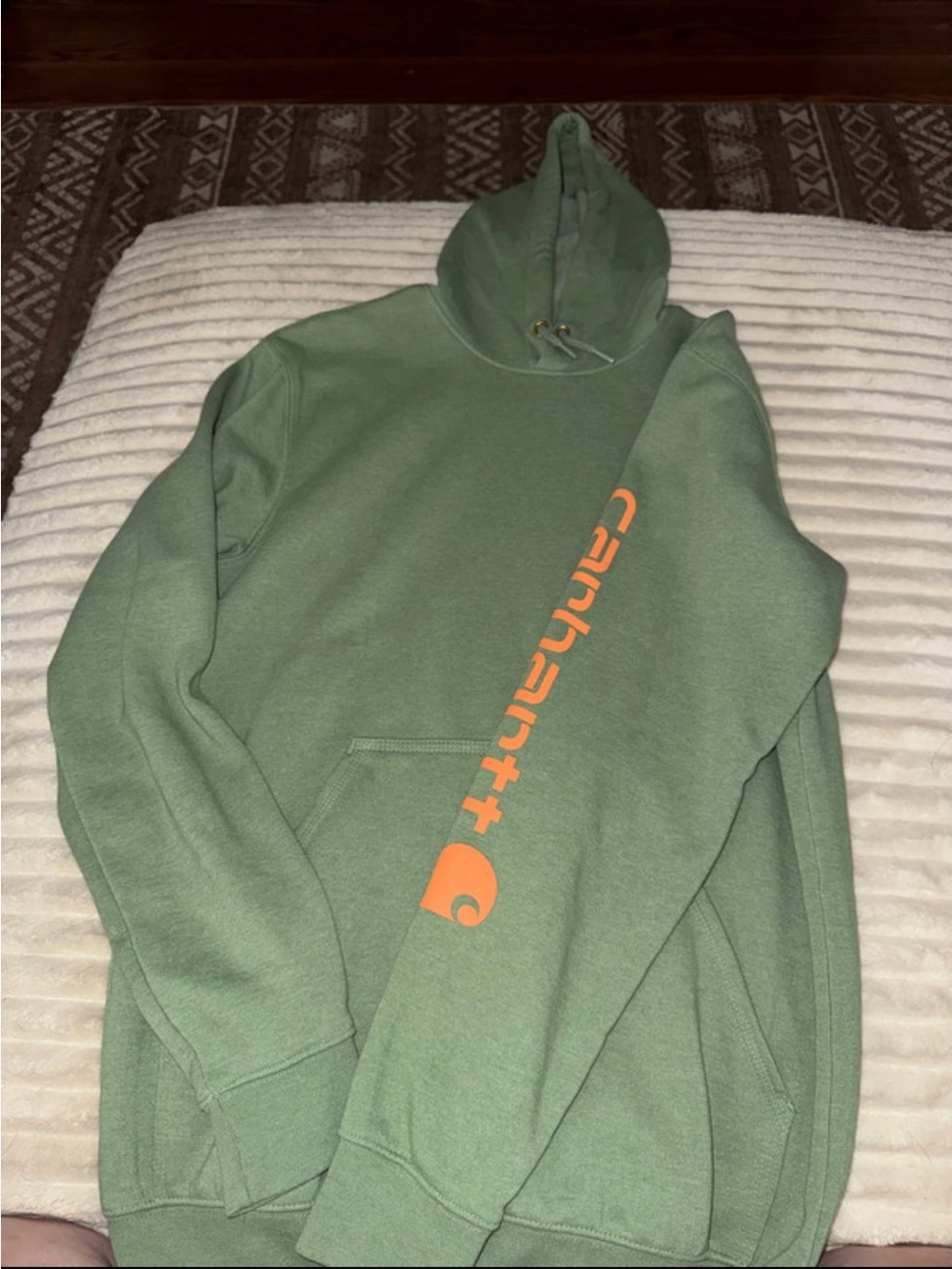 Carhartt Green Hooded Sweatshirt with Orange Sleeve Logo